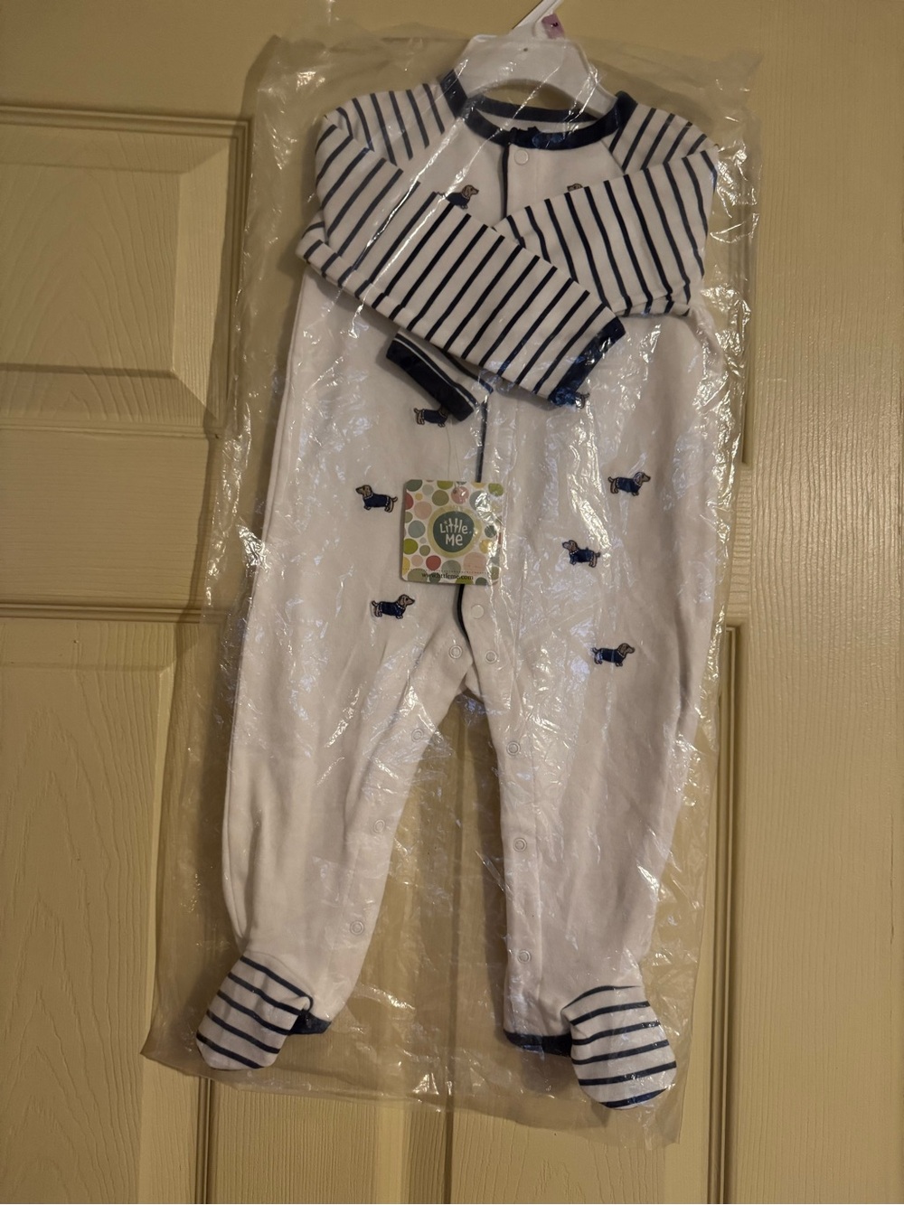 Striped-Trim Little Me* 9M Baby One-Piece footed jumper with Dachshund Design